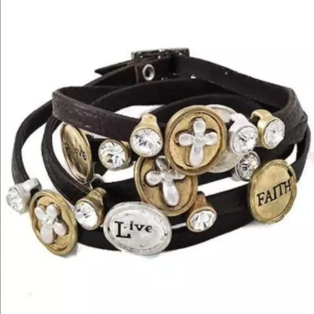 Worded Wrap Bracelet Brown Faux Leather 37 inches - Picture 1 of 5